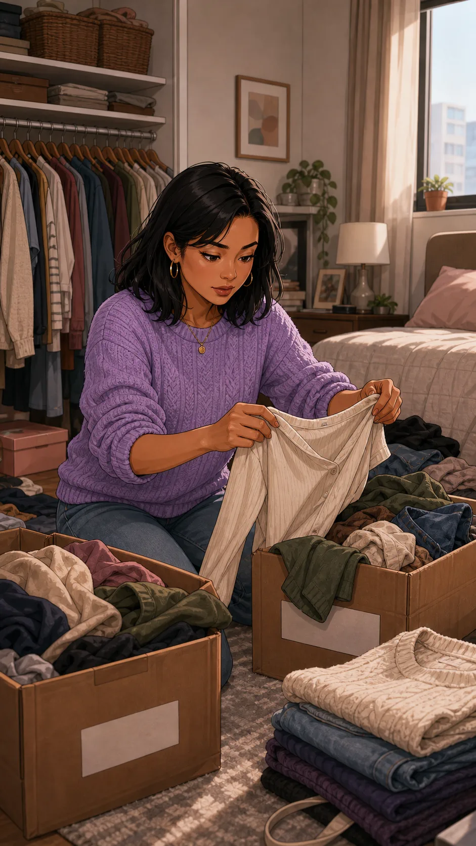 Lena sorts clothes into piles in her apartment bedroom.