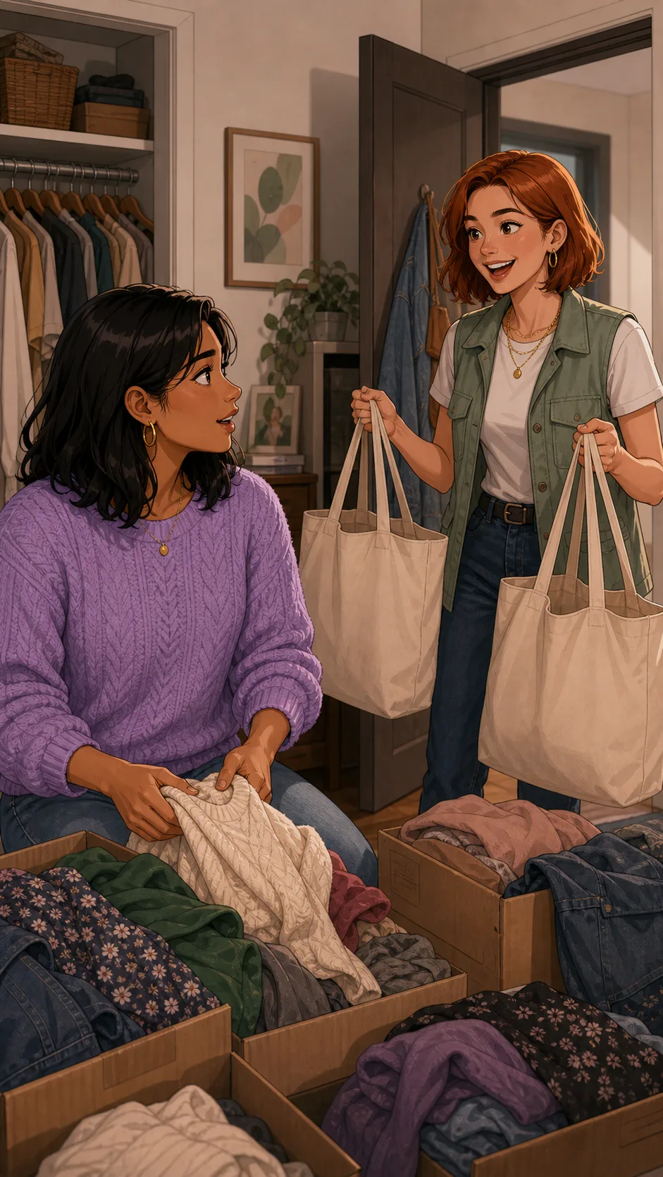 Maris arrives with tote bags to help Lena sort clothing.