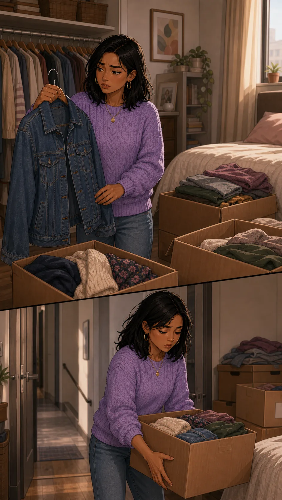 Lena hesitates over a jacket before carrying a box away.