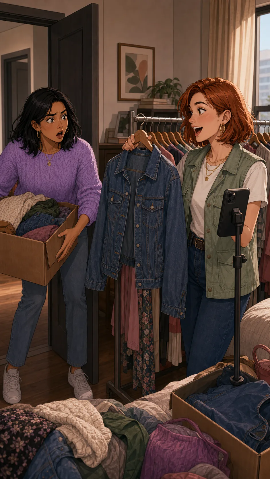 Lena returns and sees Maris holding up the jacket for sale.