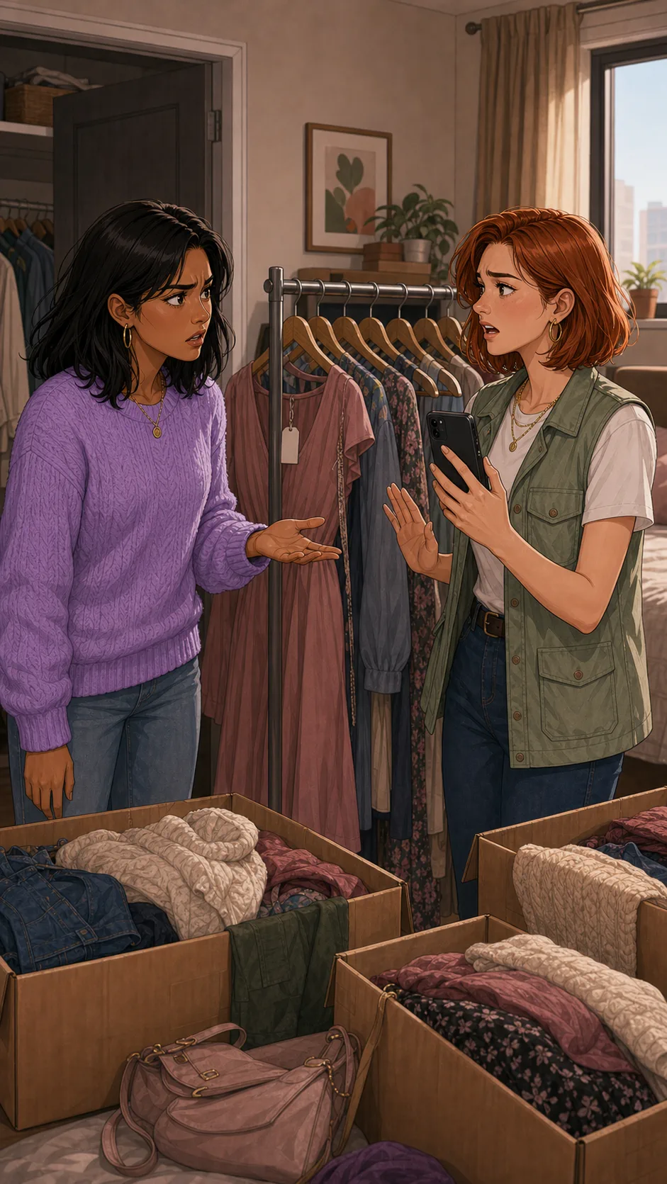 Lena and Maris argue beside moving boxes and clothing racks.