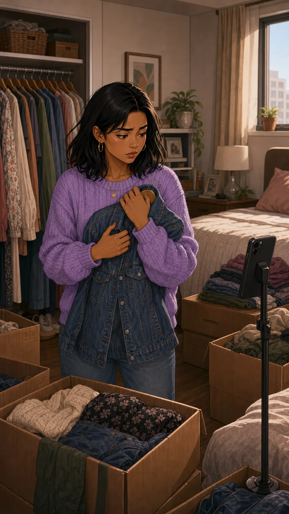 Lena holds the jacket after the live sale pauses.