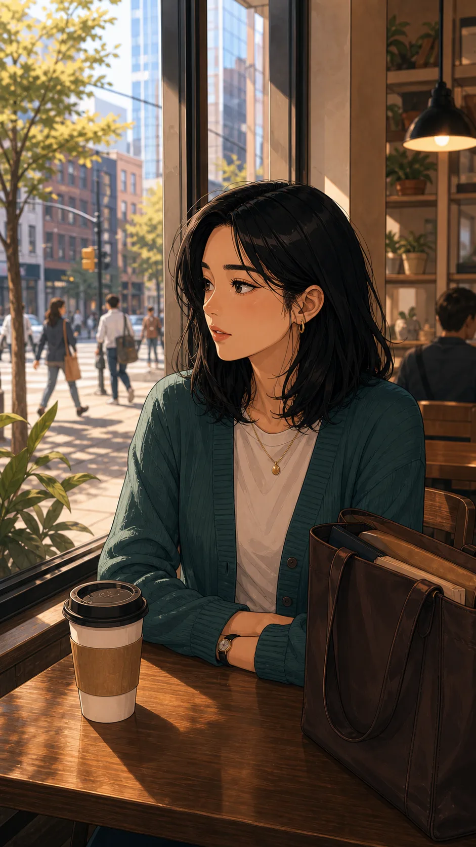 Mina sits by a cafe window with one coffee before work.