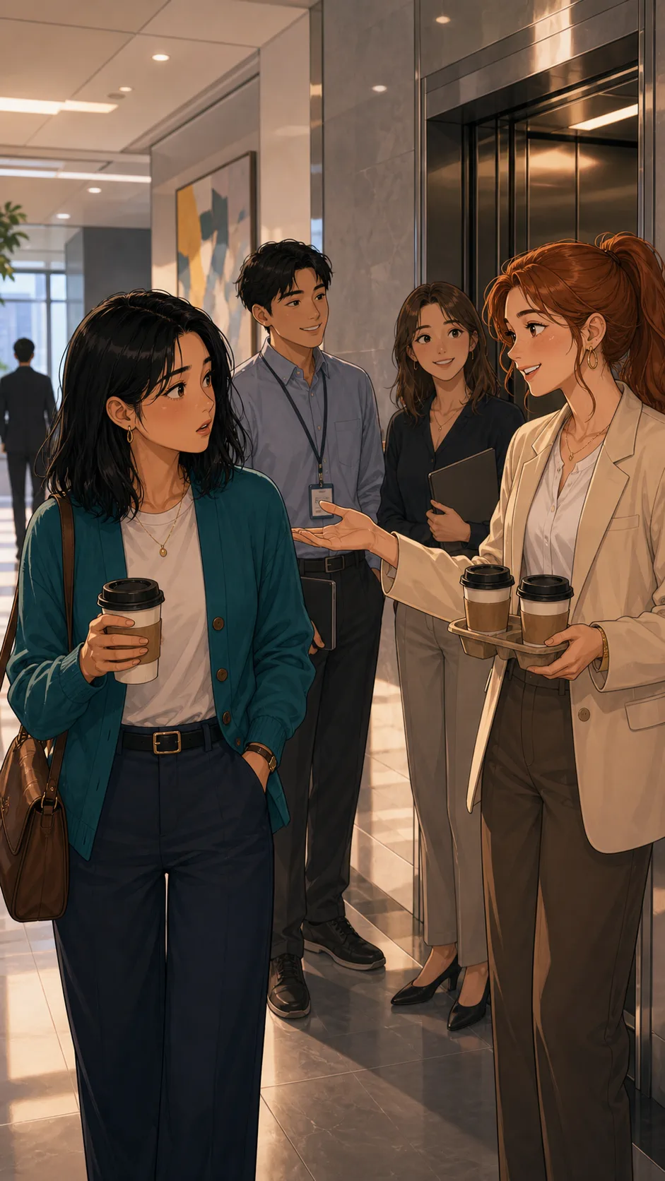 Tara asks Mina for extra coffees near the office elevator.