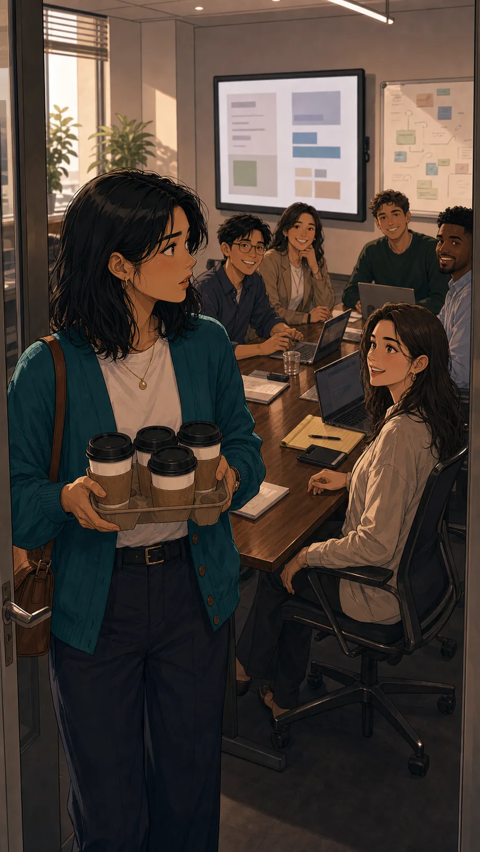 Mina brings a tray of coffee into a meeting room.