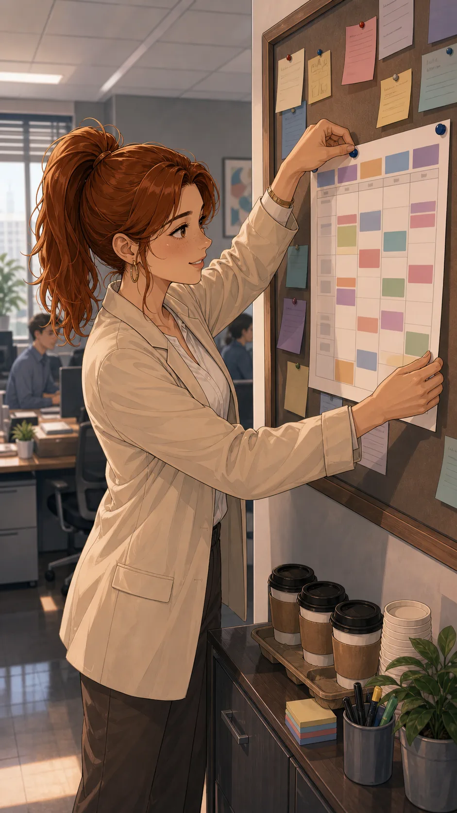Tara pins an unreadable coffee rotation sheet on an office board.
