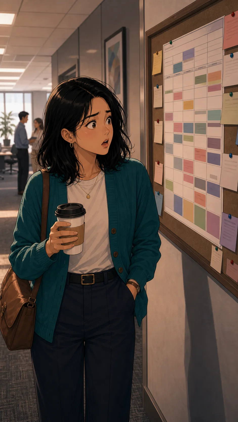 Mina sees her name implied on an unreadable coffee rotation board.