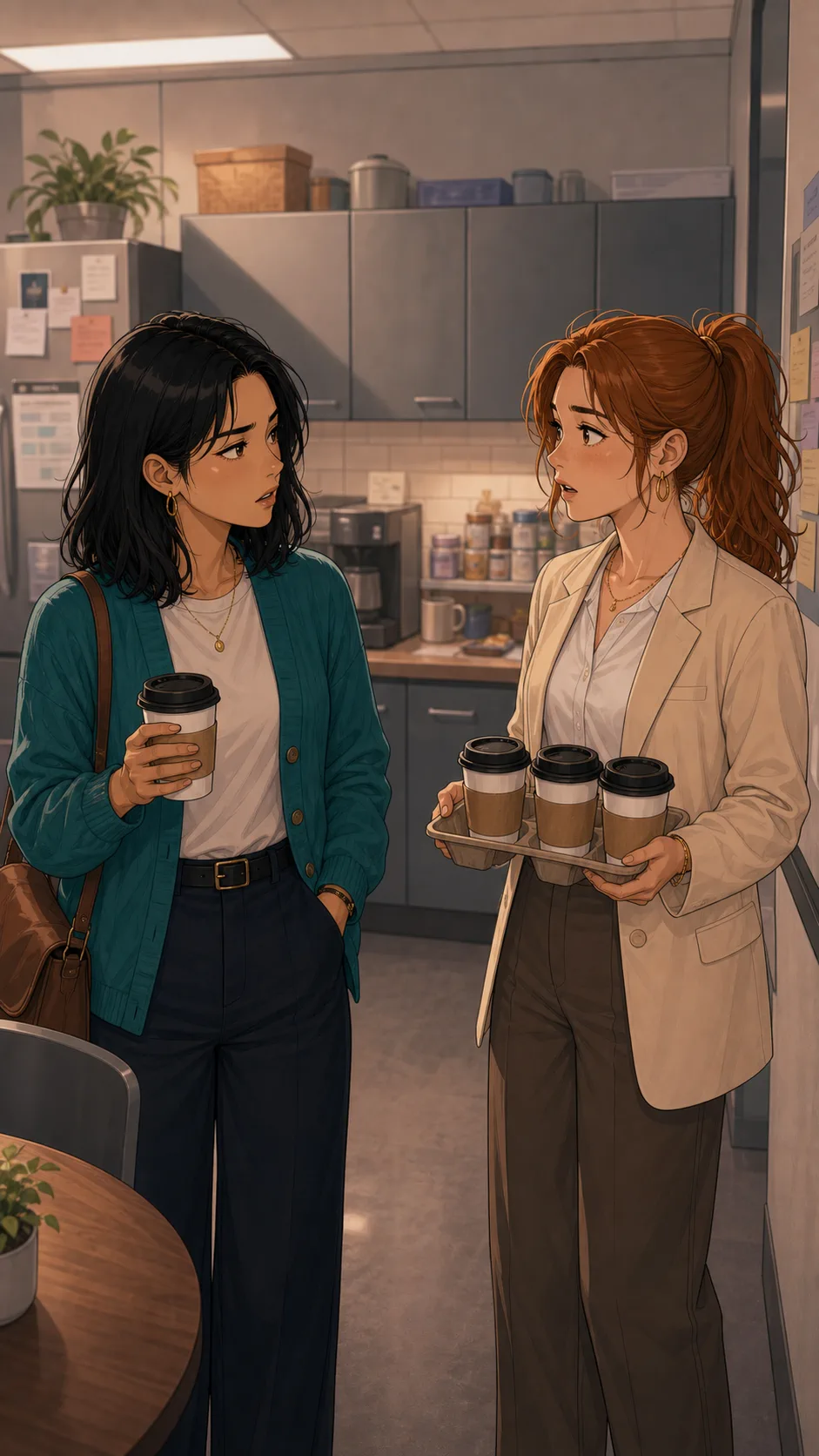 Mina and Tara debate the coffee rotation in an office kitchen.