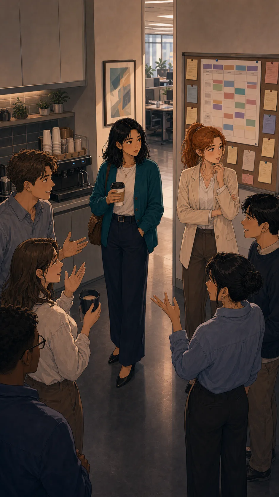 Coworkers split into two groups near the office coffee station.
