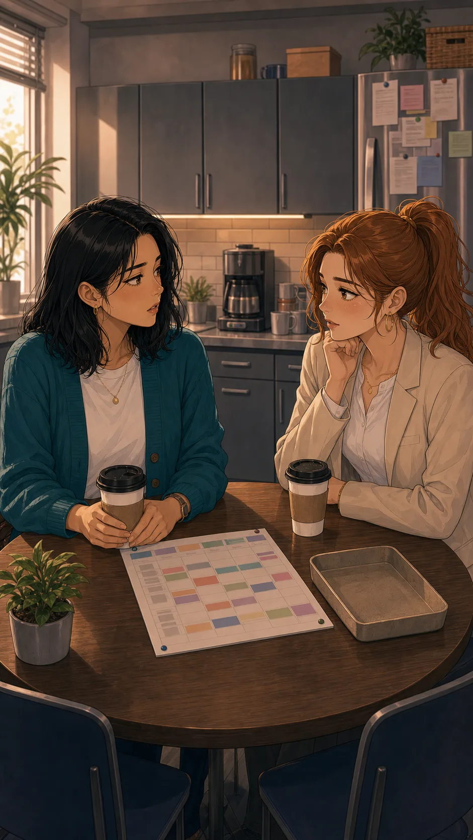 Mina and Tara sit with coffee cups and a schedule sheet between them.