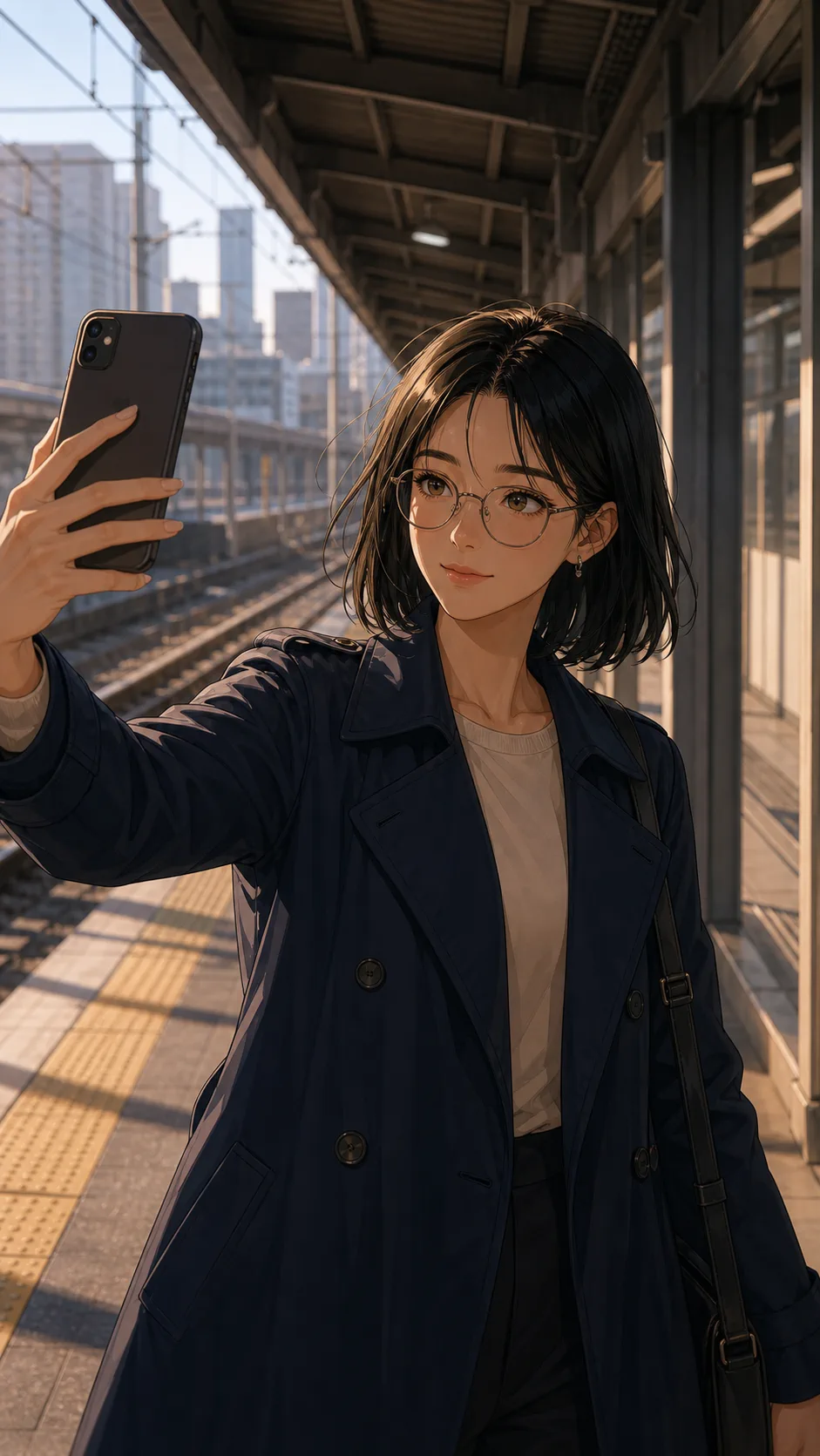Lina takes a casual commute selfie on a train platform.