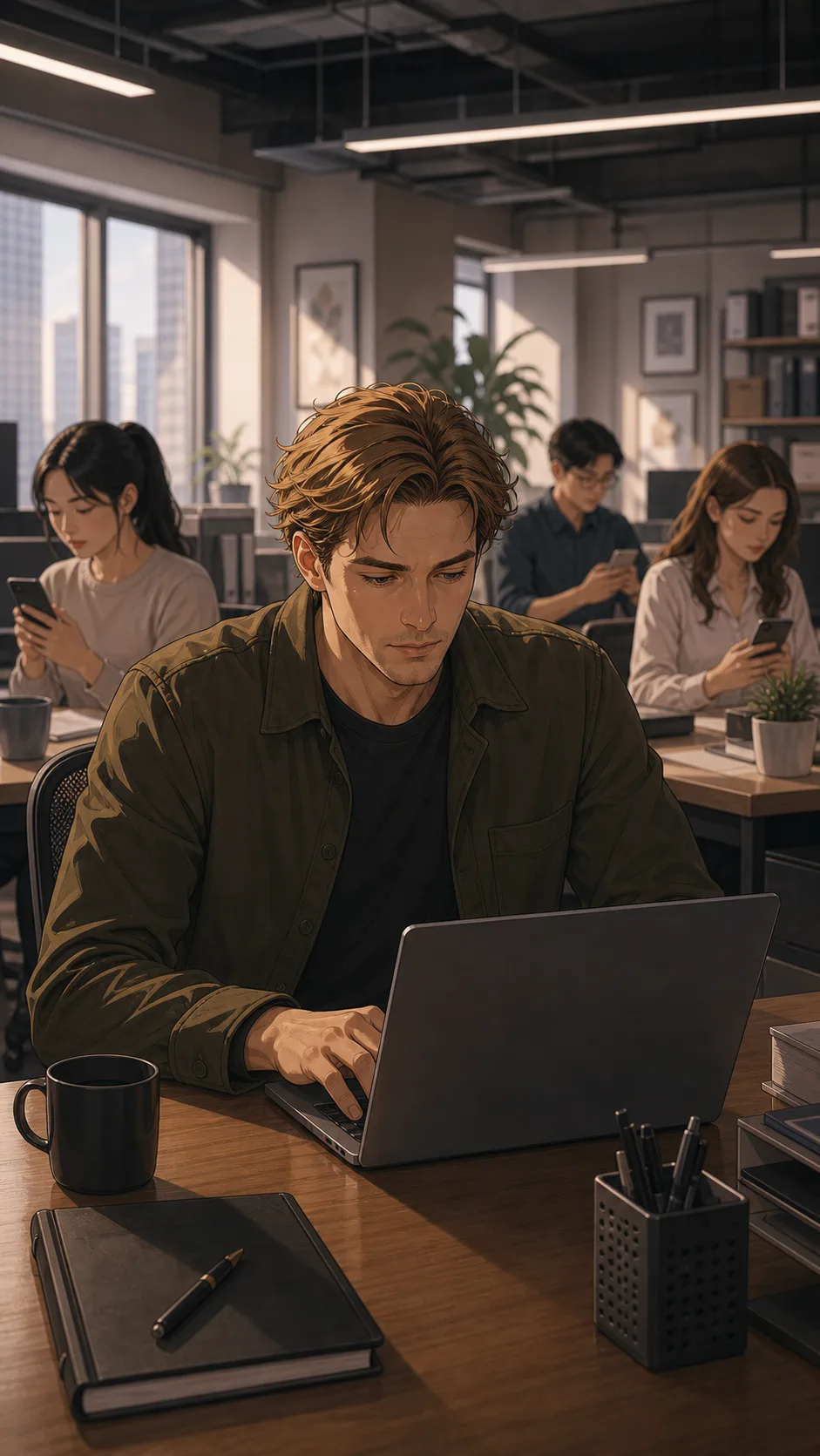 Owen types into a team chat from his office desk.