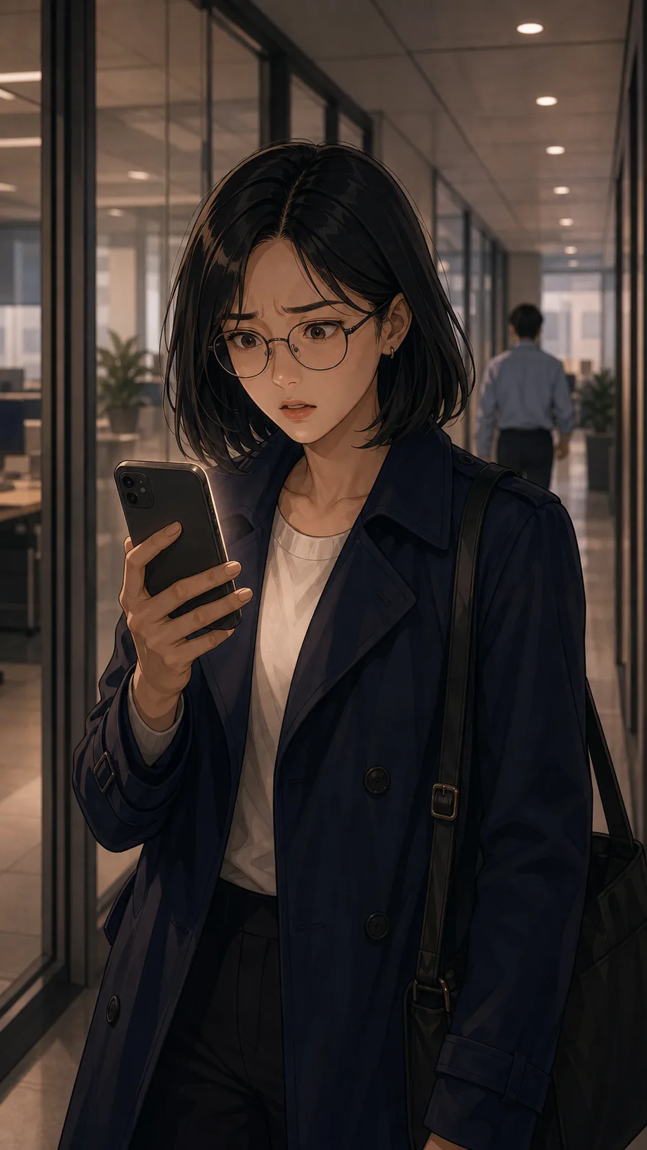 Lina reacts to the team chat on her phone in an office hallway.