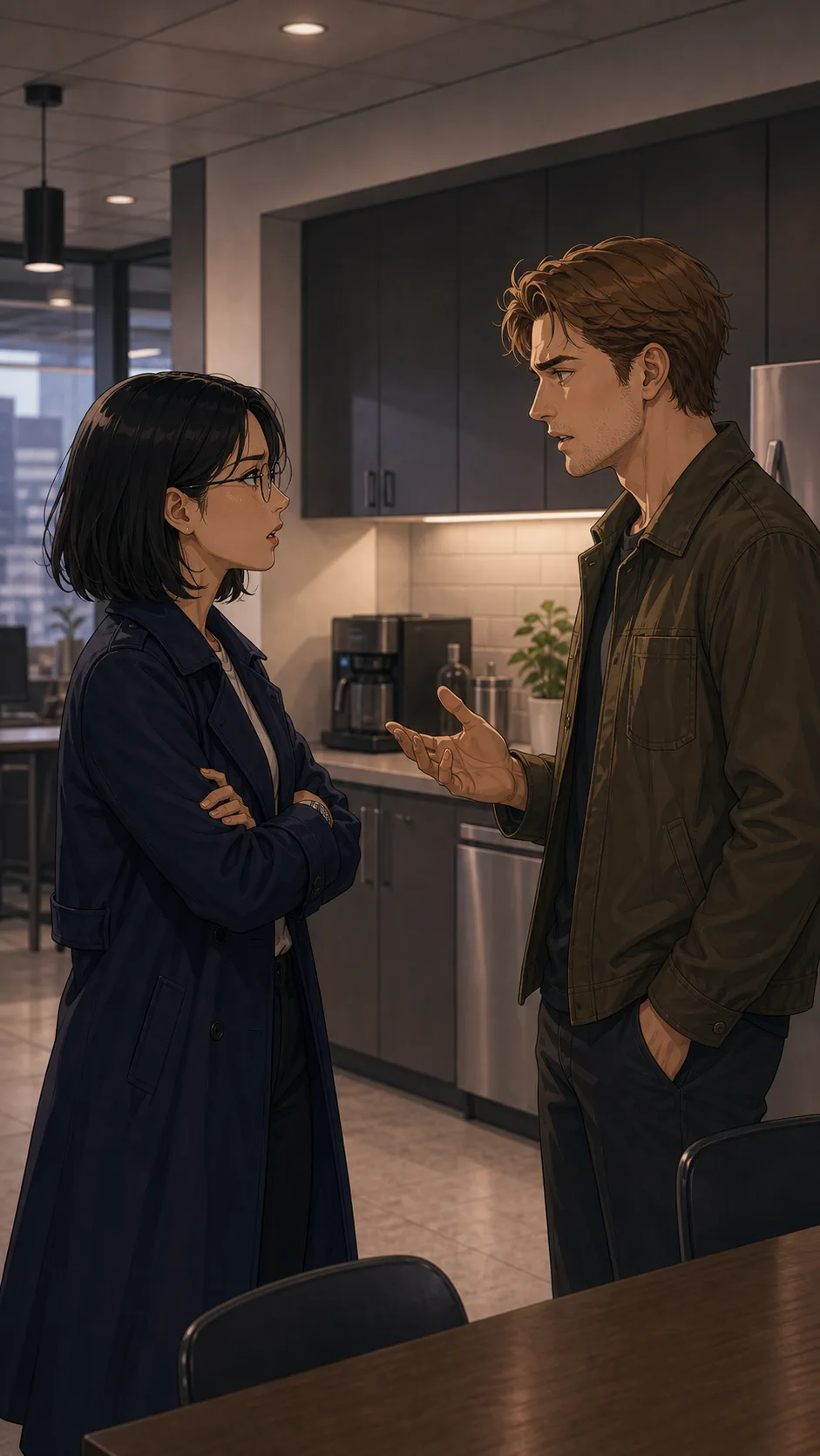 Lina confronts Owen in an office kitchenette.