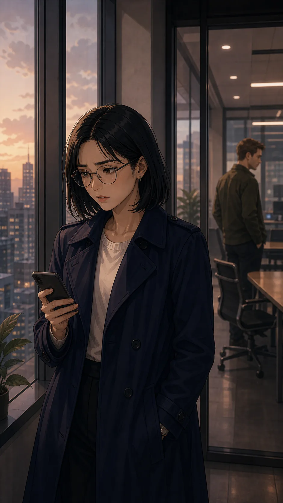 Lina stands by an office window deciding how to respond.