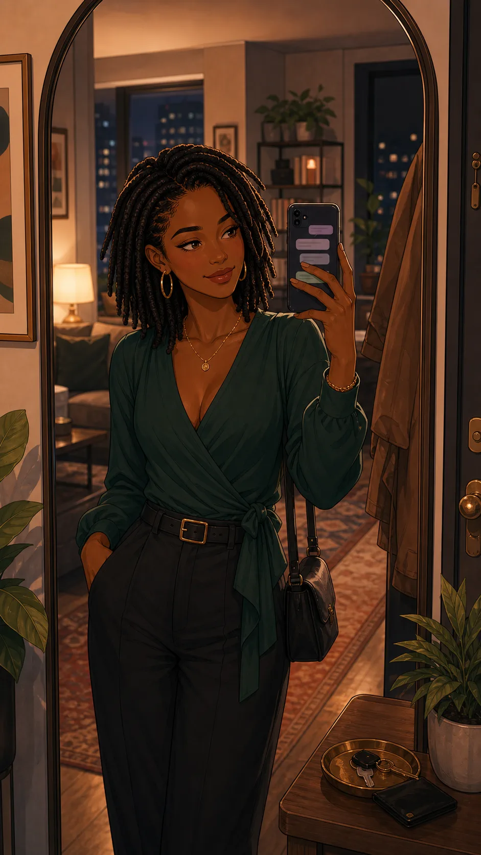 Leah smiles at her phone while getting ready for dinner.