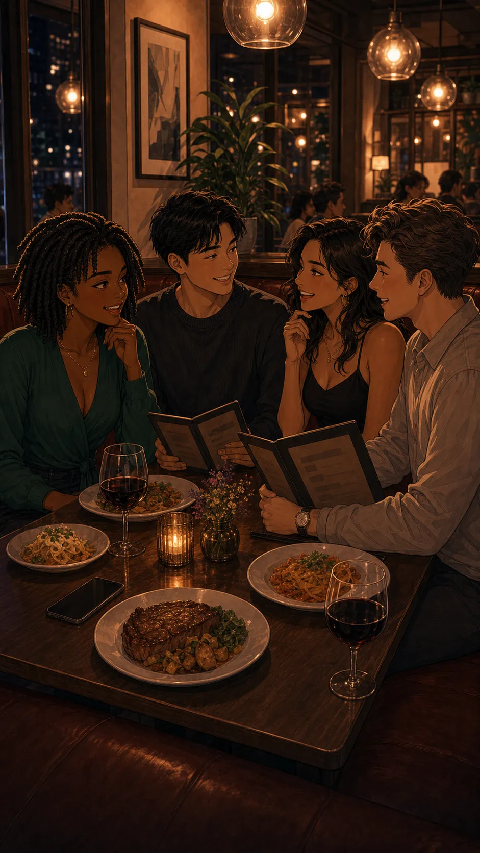 Leah and Sam laugh with another couple at dinner.