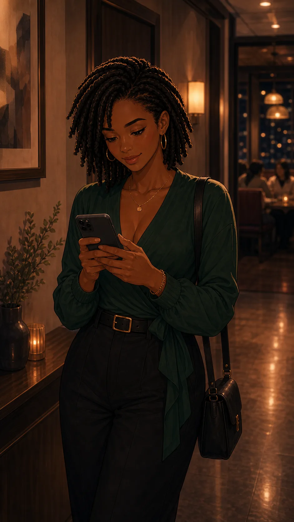 Leah texts Sam from a quiet restaurant hallway.