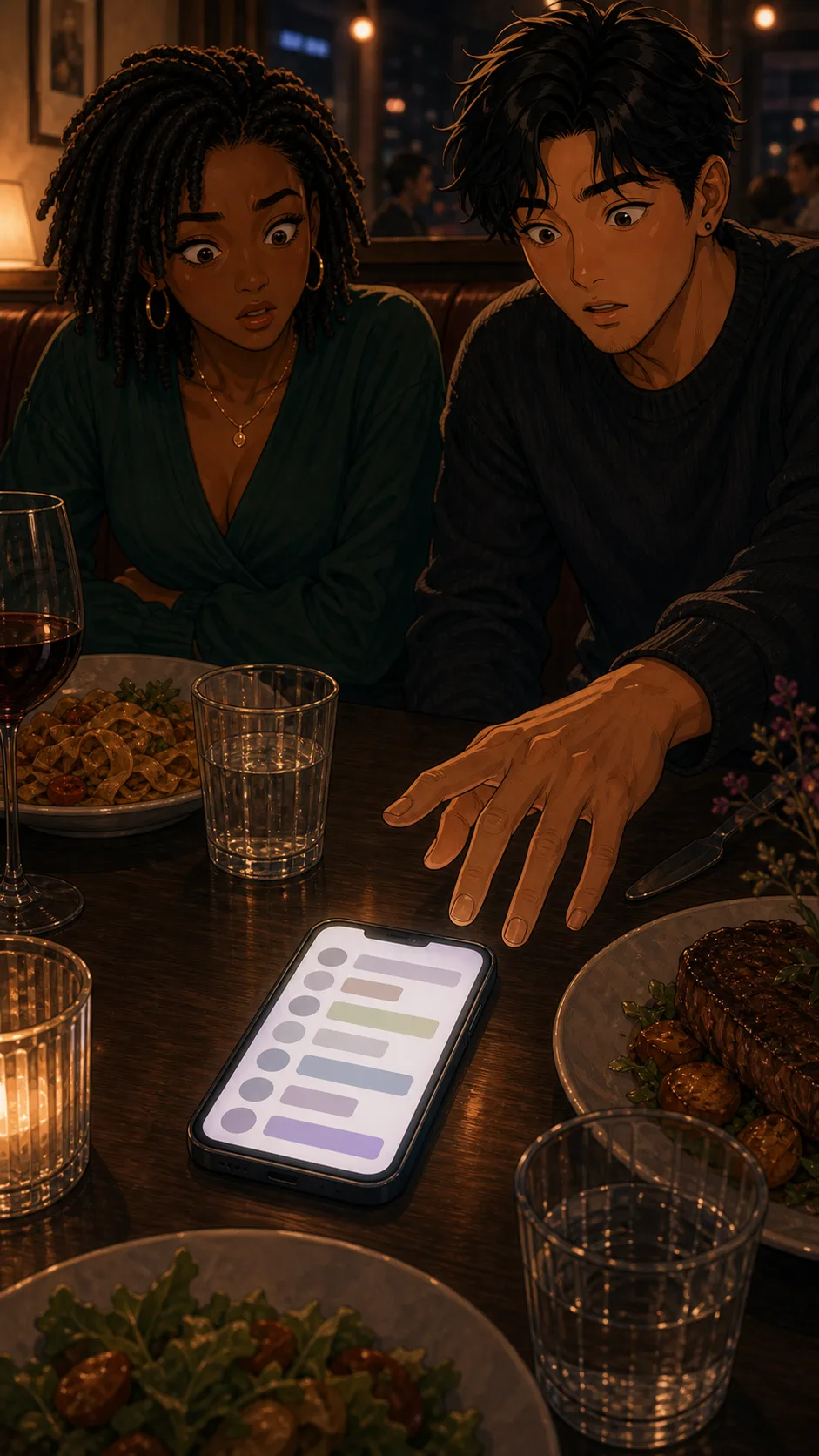 Sam's phone lights up face-up on the dinner table.
