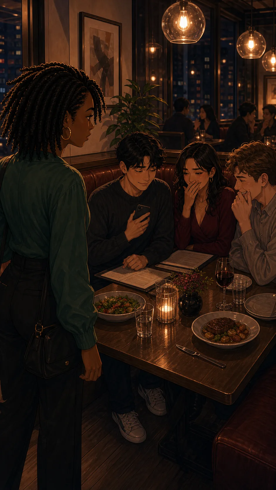 Leah returns to the booth as the table reacts awkwardly.