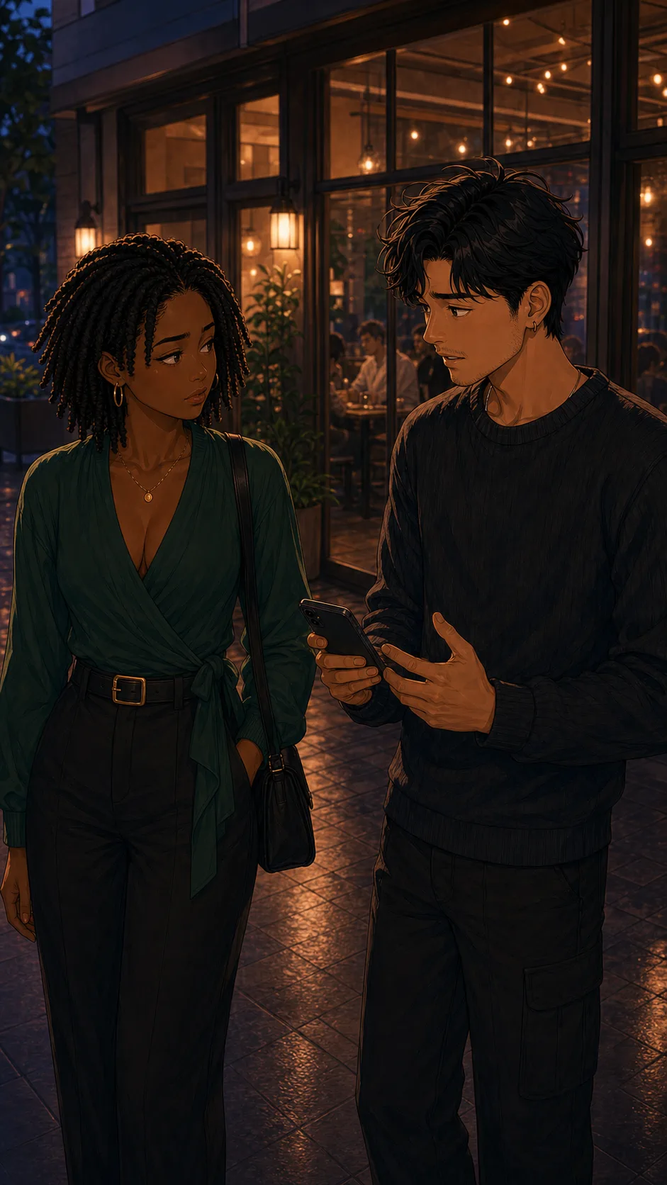 Leah and Sam discuss the contact name outside the restaurant.
