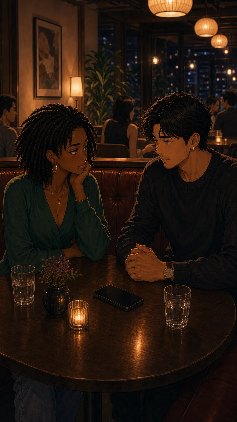 Leah and Sam sit with a phone face down between them.