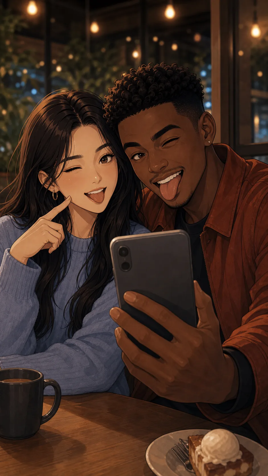 June and Eli take a silly private photo during a quiet cafe date.