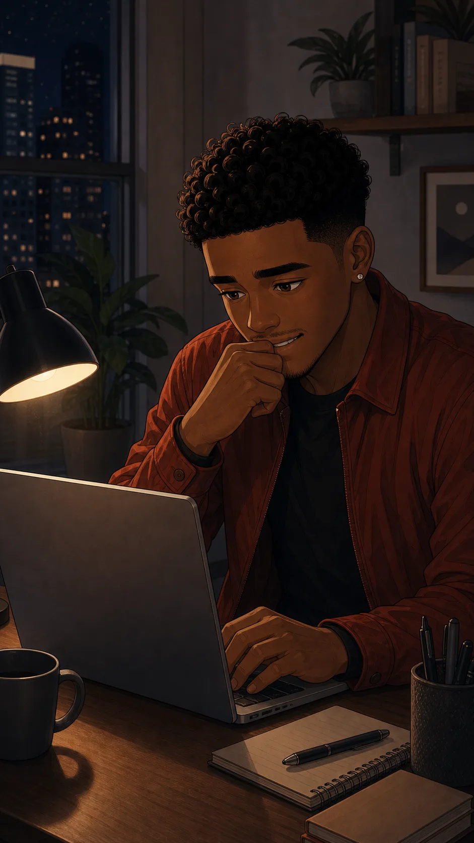 Eli prepares a new-job icebreaker slide on a laptop late at night.