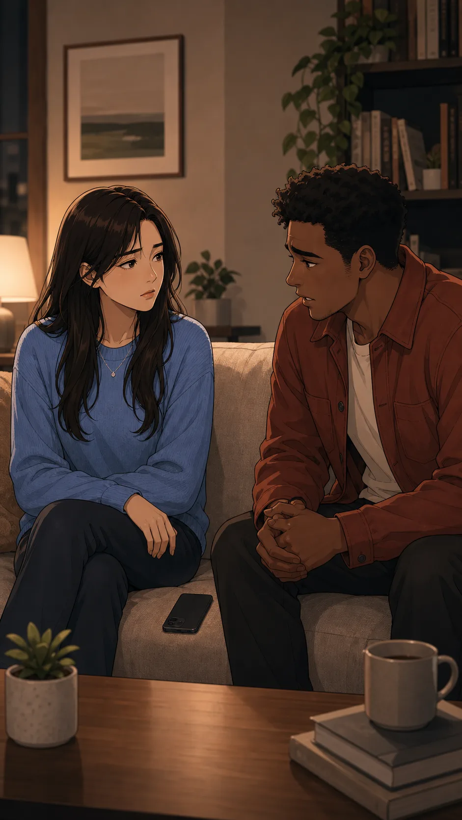 June and Eli discuss the shared photo on a couch at home.