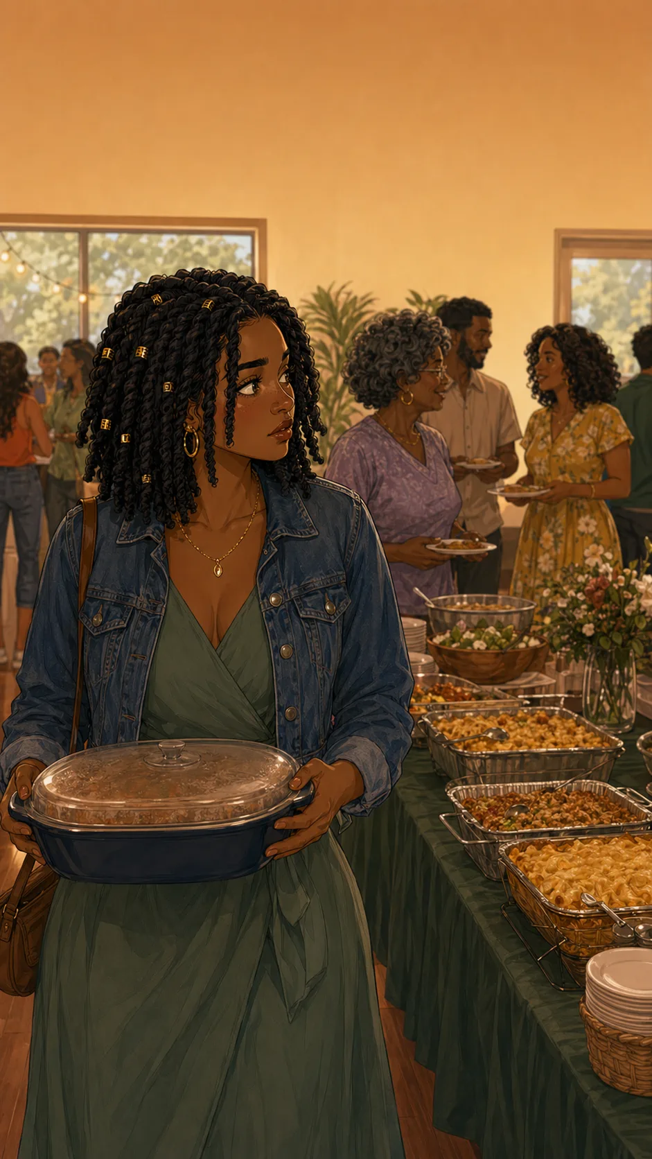 Janelle enters a generic community-center family reunion carrying a covered dish toward a potluck table.