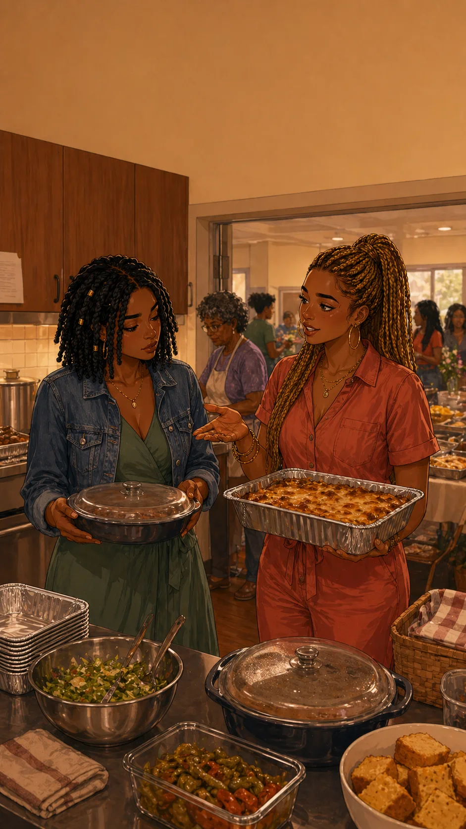 Tori holds a large baking tray in a generic prep kitchen while Janelle stands nearby with a smaller covered dish.