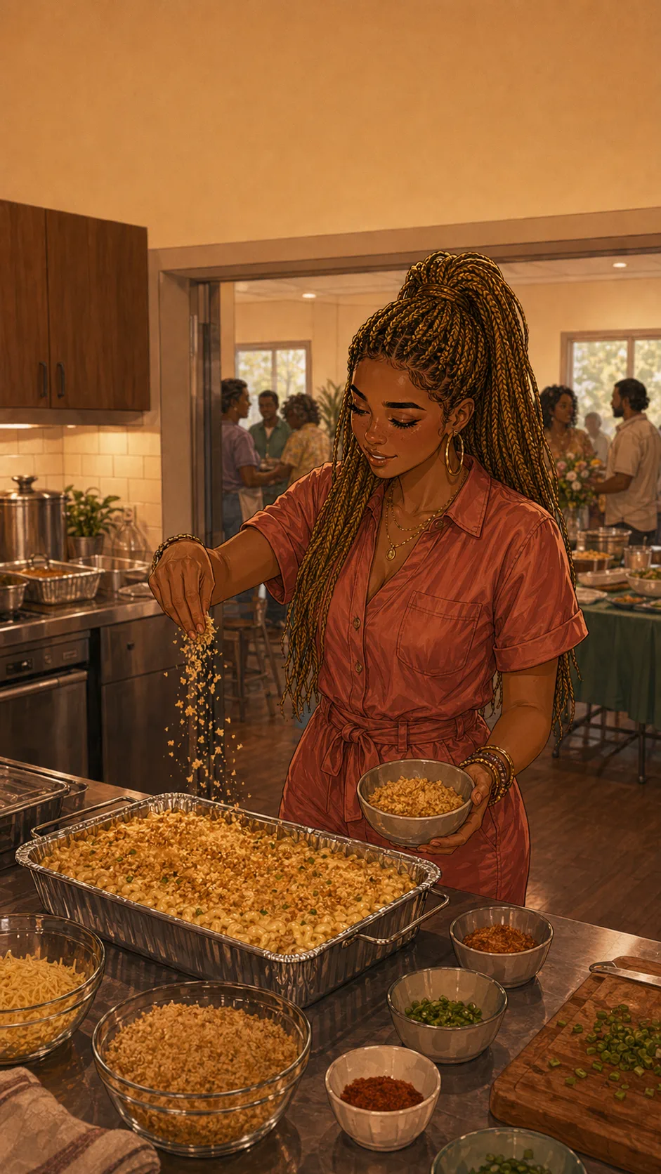 Tori sprinkles a crisp topping over a large tray in a generic prep kitchen.