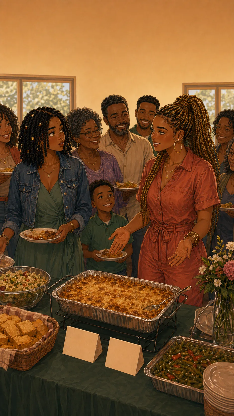 Tori stands by a praised potluck tray while Janelle watches from the side at a generic family reunion.