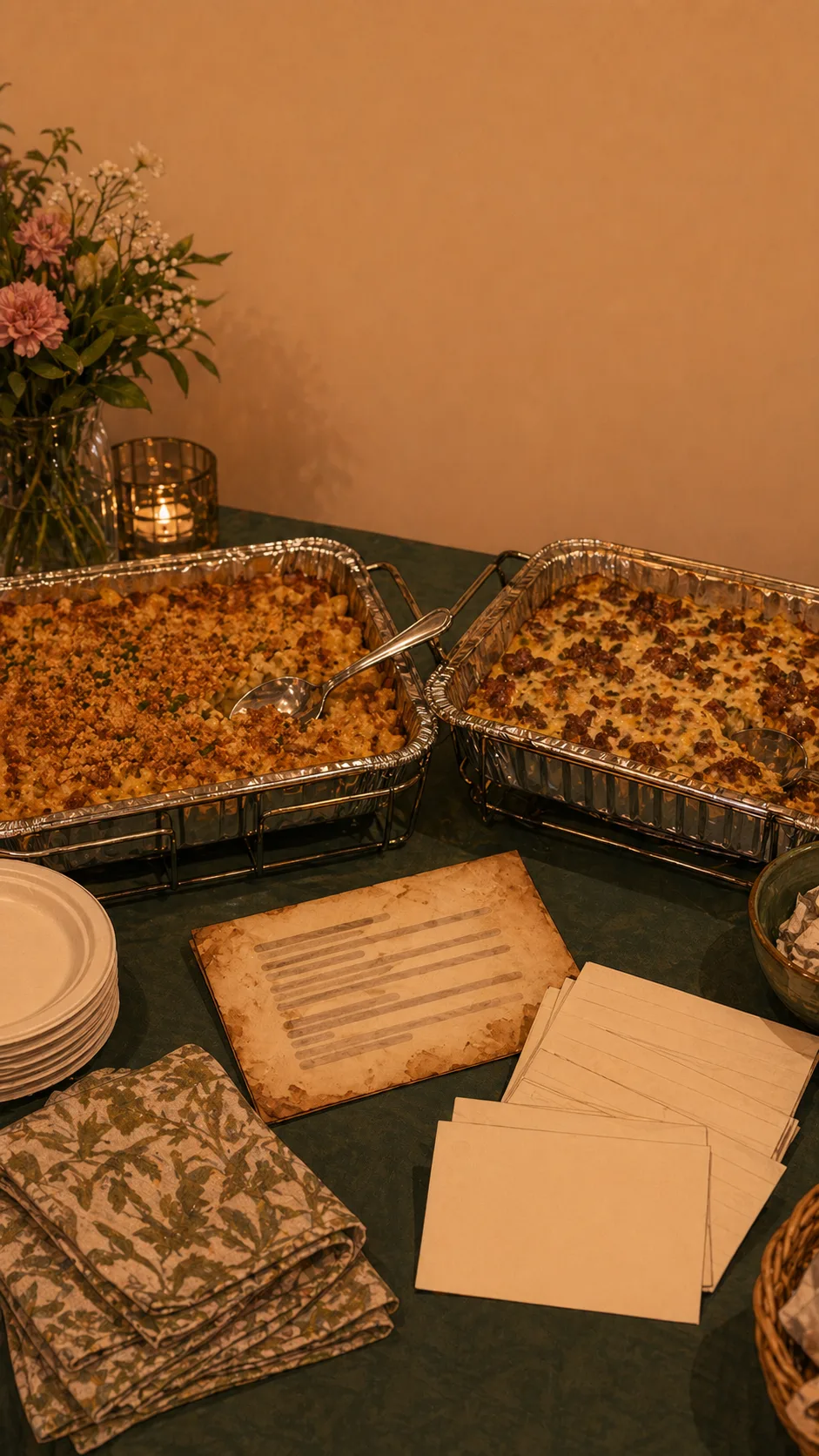 A warm tabletop evidence scene shows an old unreadable recipe card, blank new cards, two different potluck trays, serving spoons, napkins, and plates.