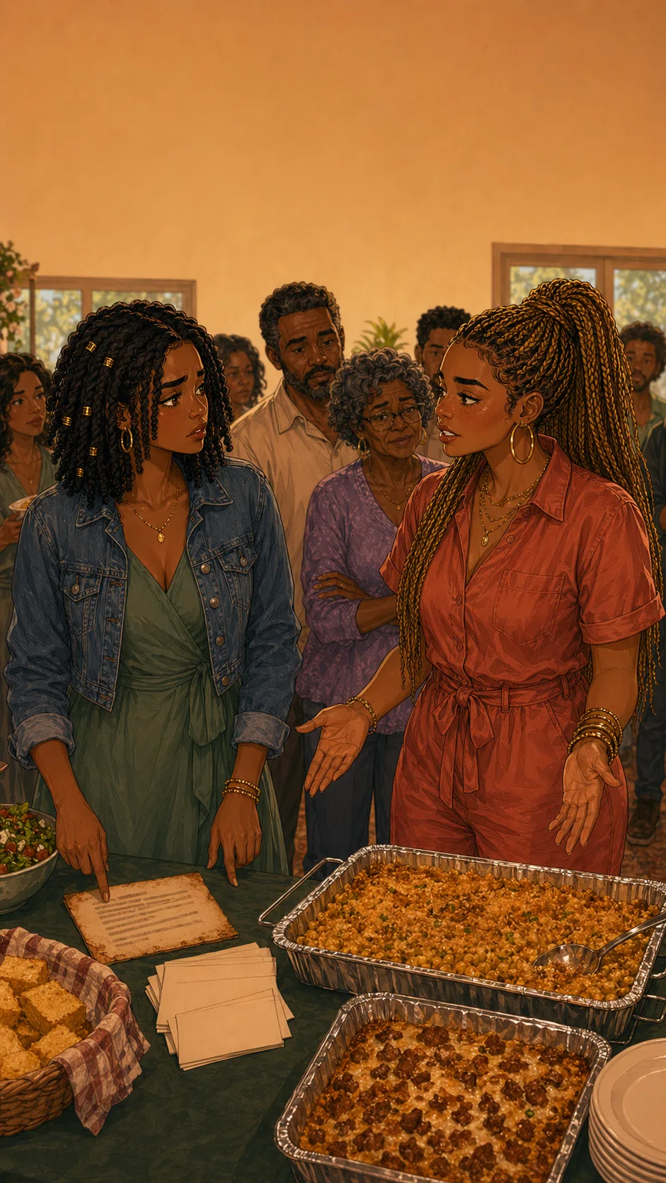 Janelle and Tori argue quietly near a generic potluck table while relatives blur in the background.
