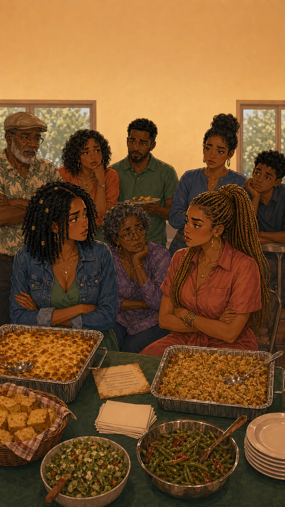Janelle, Tori, and relatives sit around a generic potluck table with divided reactions.