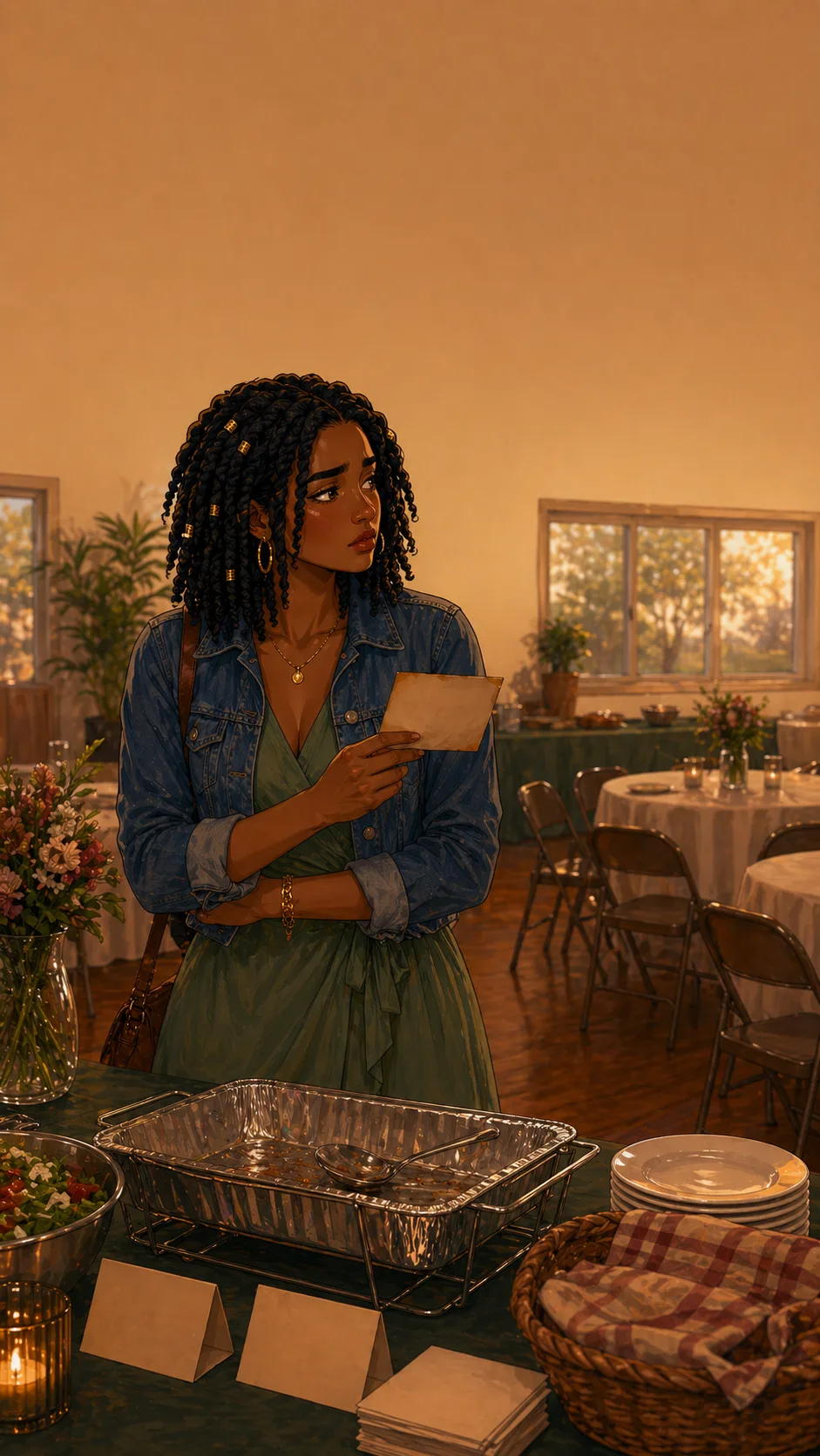 Janelle stands quietly by a generic potluck table holding an unreadable old recipe card and looking conflicted.