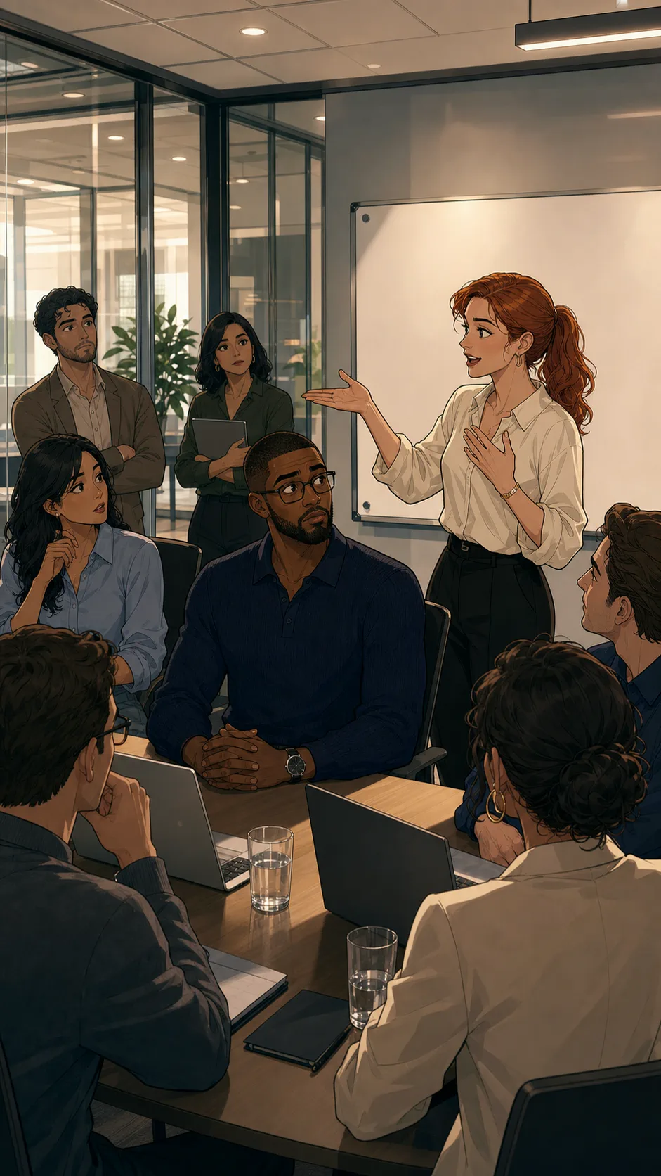 Jules enters a meeting room where Sienna is already seated.