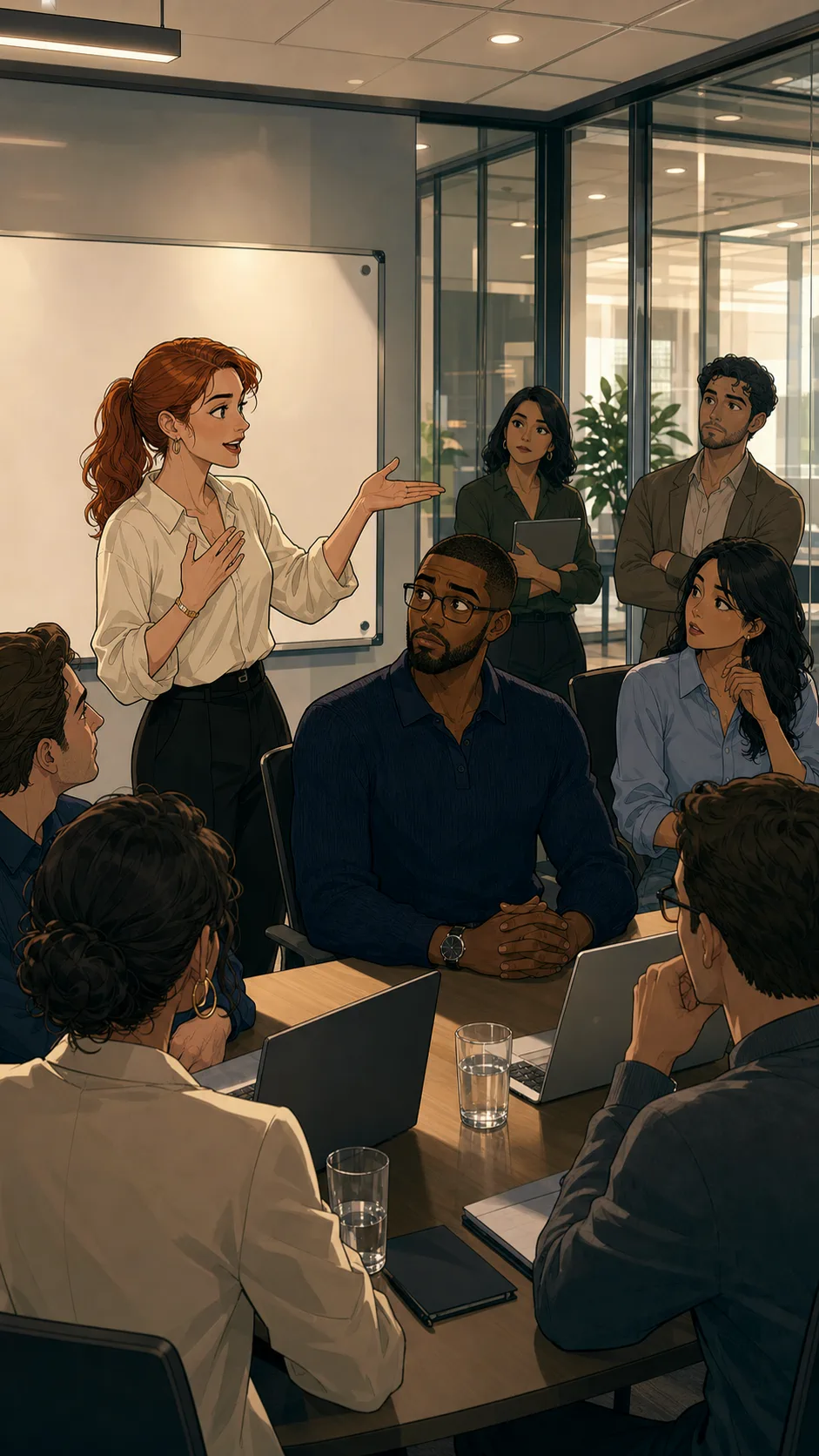 Sienna introduces Jules to clients as more involved than he expected.