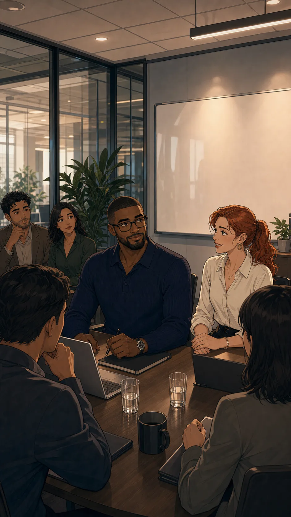 Jules keeps a polite expression during the meeting.