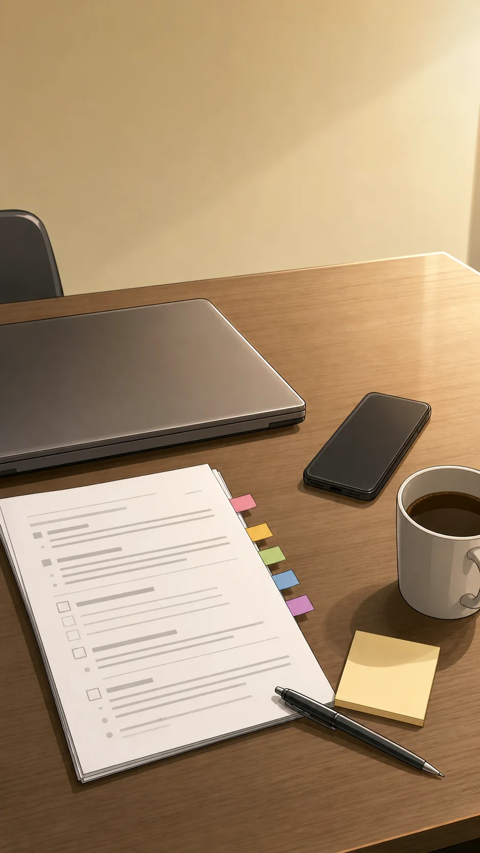 A blank notebook and office items sit on a desk as evidence.