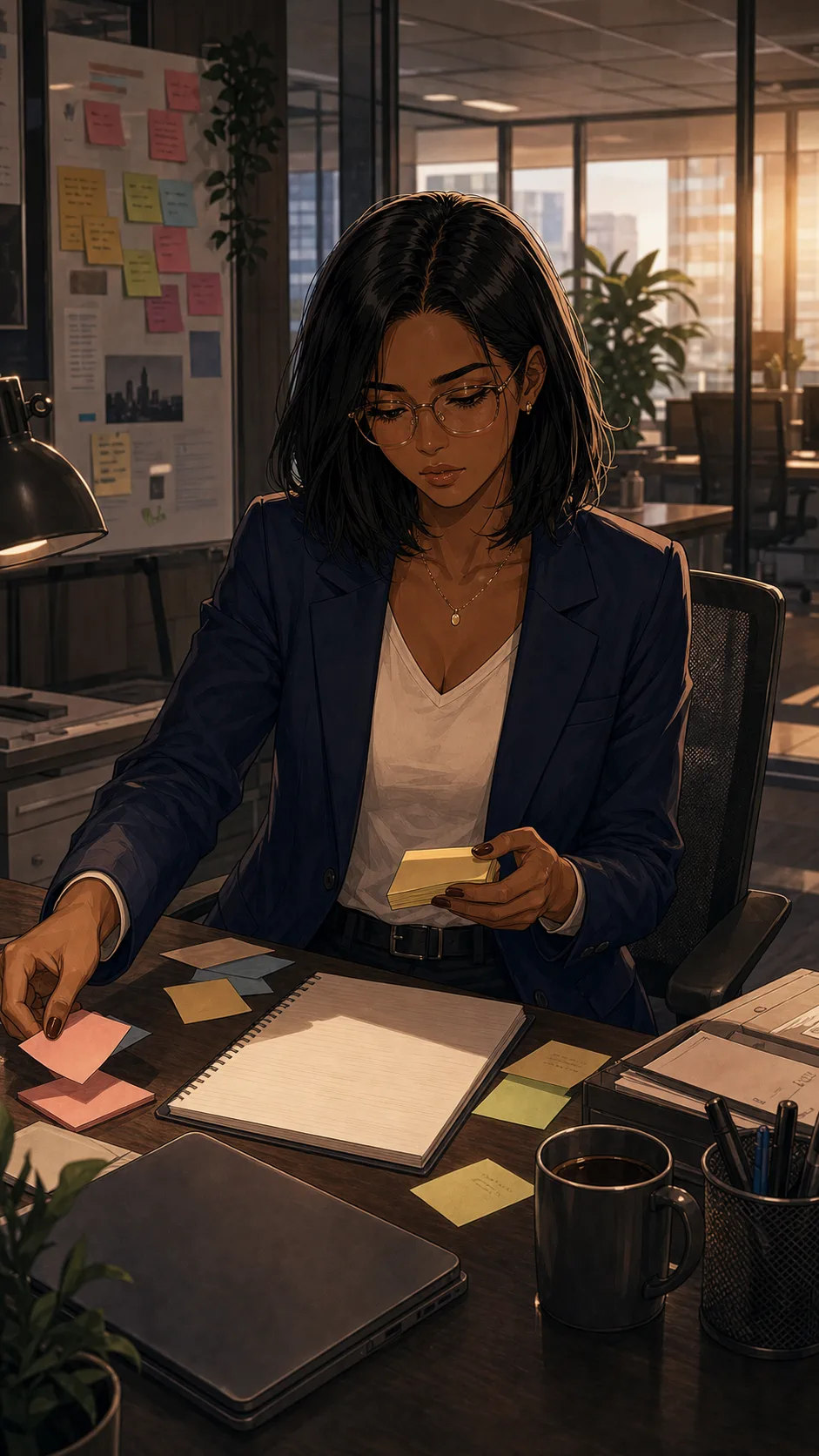Avery works at a generic office desk with a blank agenda sheet, sticky notes, and a closed laptop.