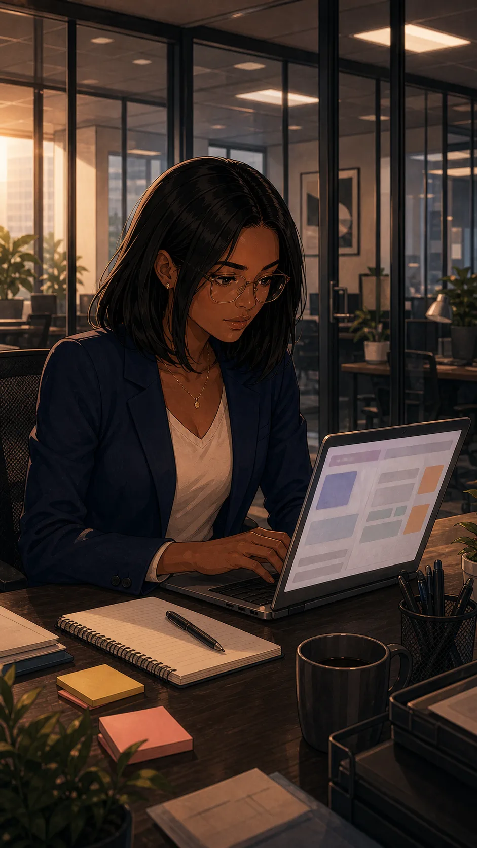 Avery sends a generic calendar invite on a laptop shown from the side with no readable interface.
