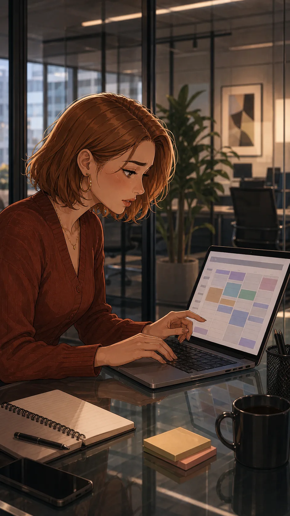 Tessa sits at a meeting room table editing a laptop invite, screen abstract and unreadable.