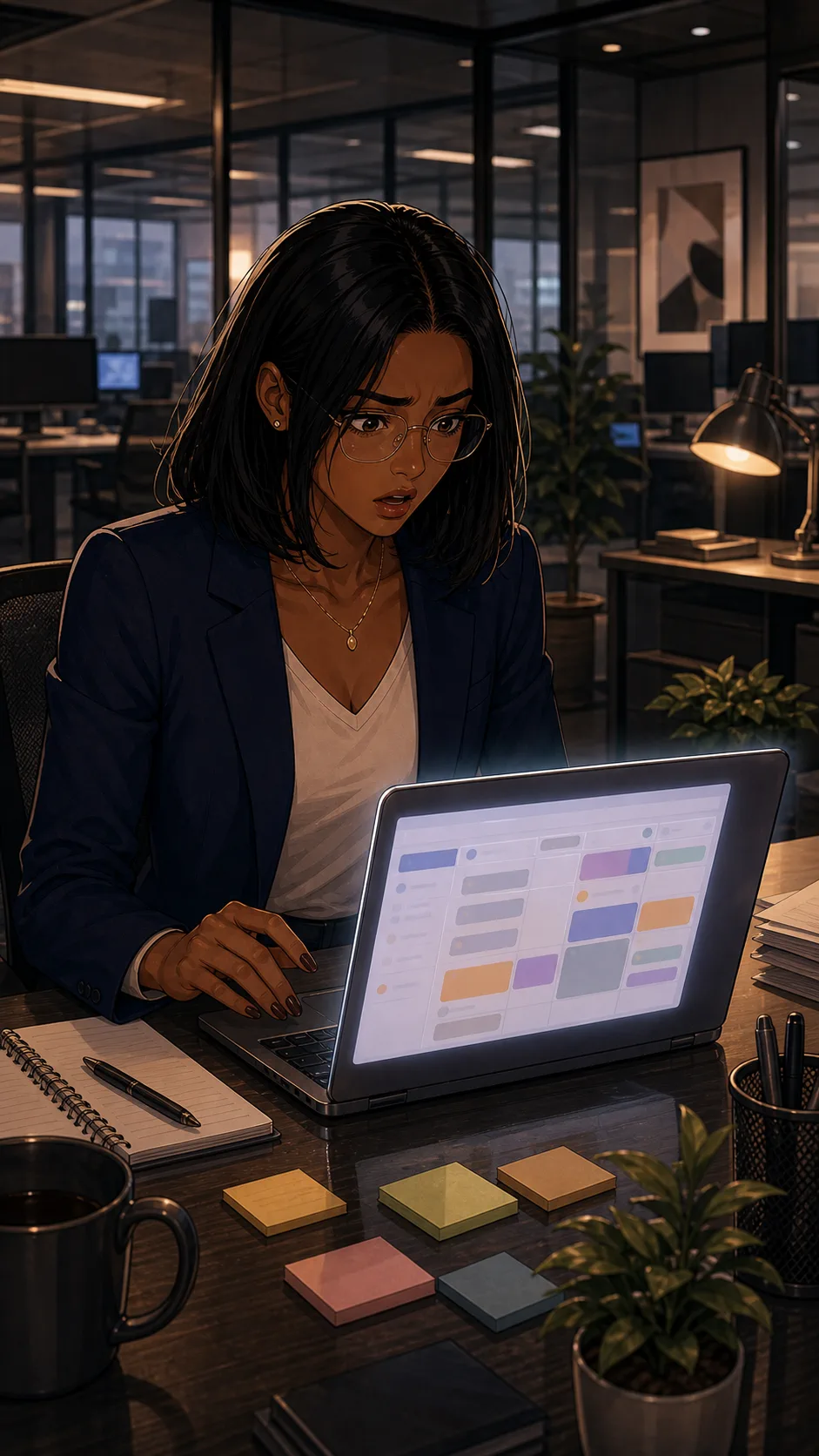 Avery stares at her laptop in surprise while a generic calendar panel glows with abstract blocks.