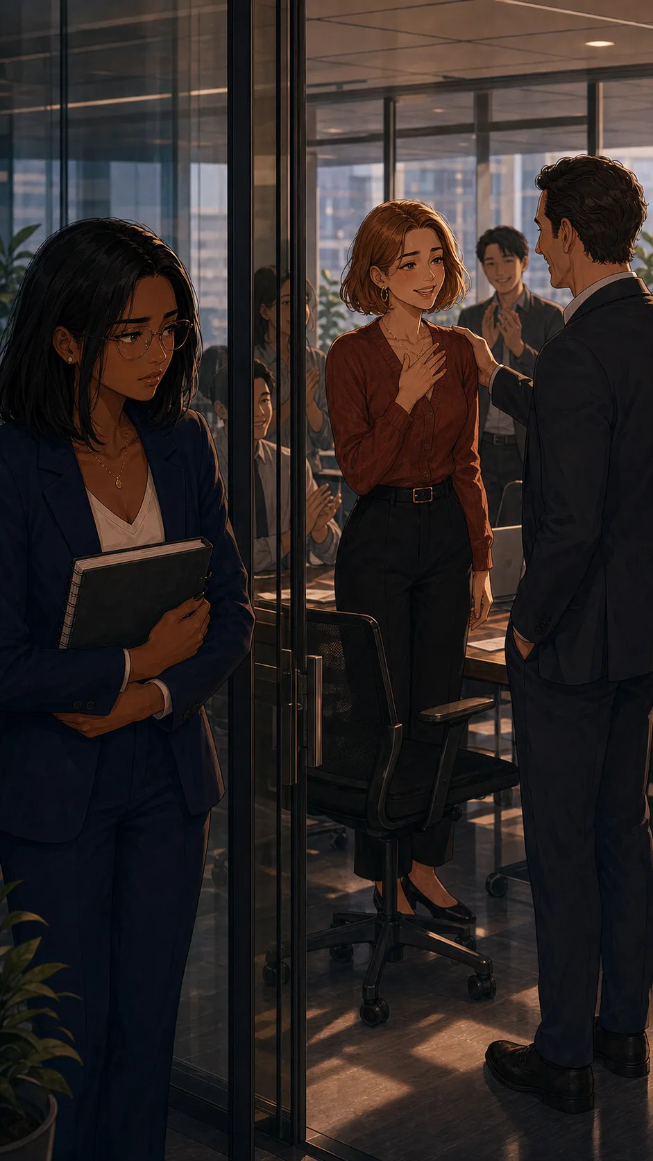 A manager thanks Tessa near a glass meeting room while Avery stands just outside holding a notebook.