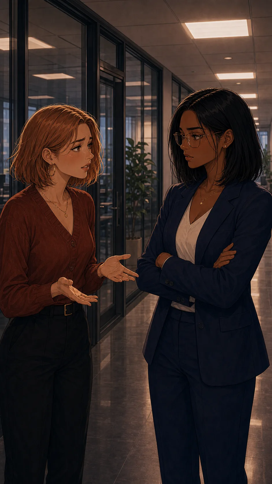 Tessa and Avery talk in a quiet office hallway, both trying to keep it calm.