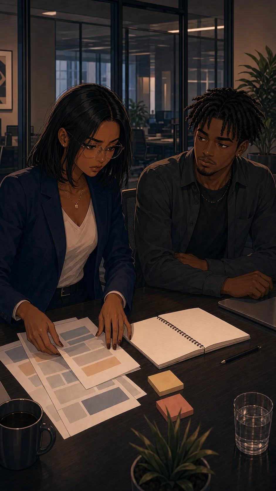 Avery lays out printed notes beside a blank meeting agenda while Jordan listens nearby.