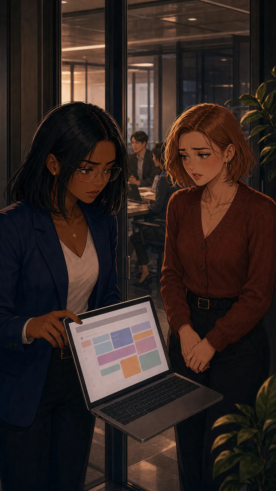 Avery hovers over a generic invite update while Tessa waits beside her in the conference room doorway.