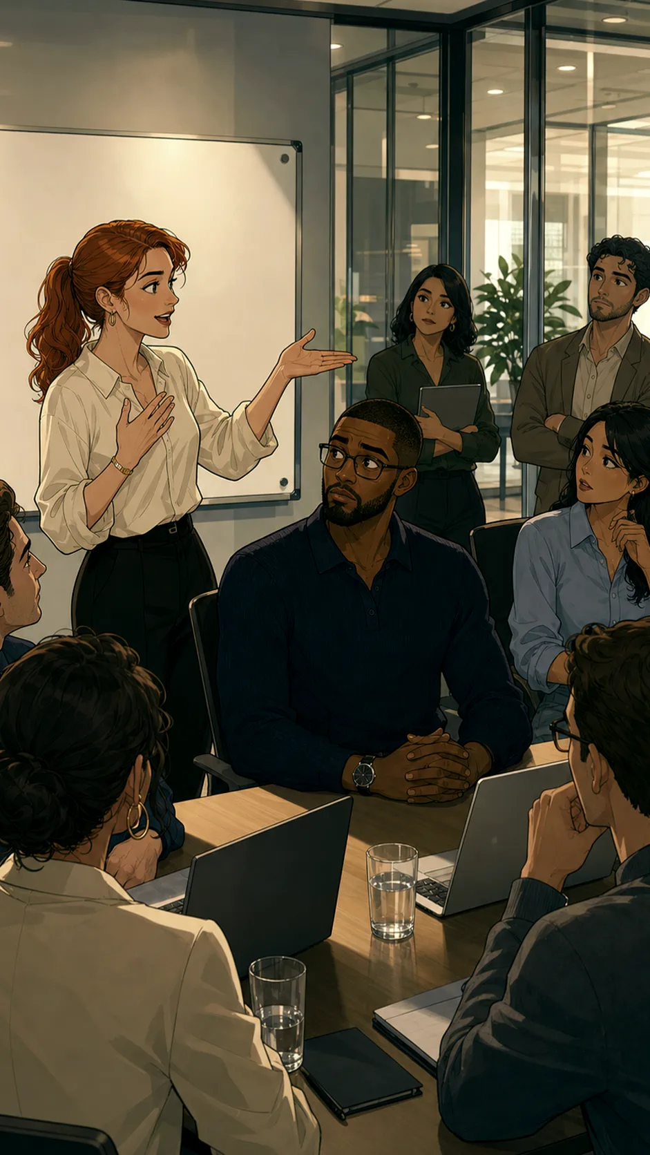 Noah stands at his desk deciding how to respond.
